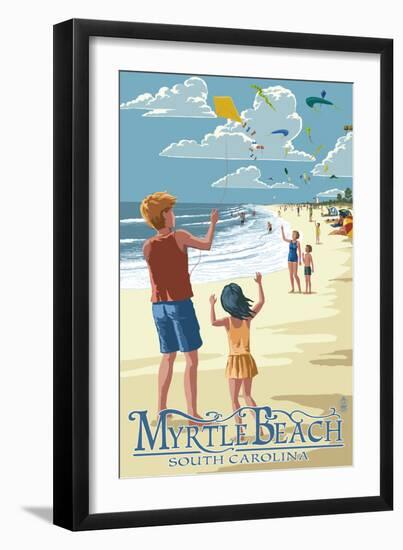Kite Flyers - Myrtle Beach, South Carolina-Lantern Press-Framed Art Print