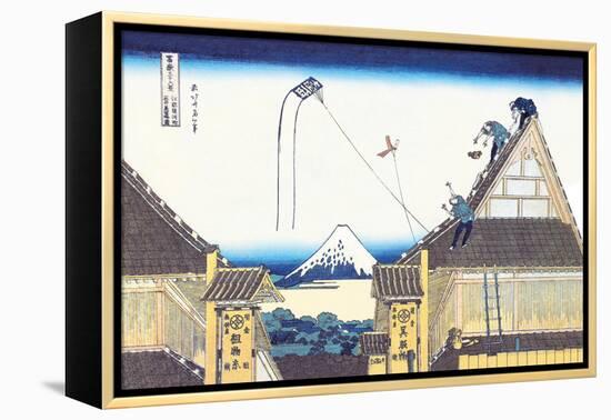 Kite Flying from Rooftop-Katsushika Hokusai-Framed Stretched Canvas