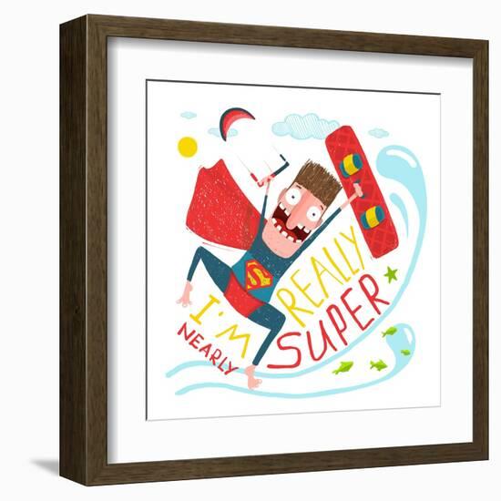 Kite Surfing Caricature Superhero Character Happy Jump. Hero Funny Humor Illustration, Kite and Boa-Popmarleo-Framed Art Print