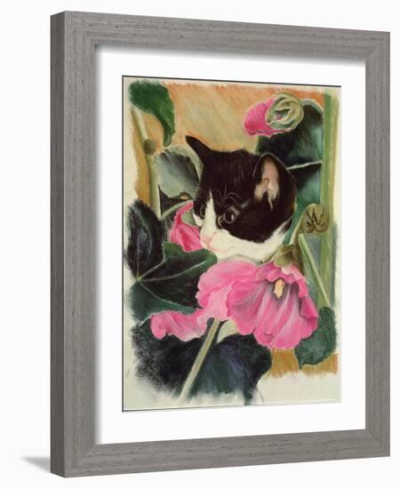 Kitten and Hollyhocks-Anne Robinson-Framed Giclee Print