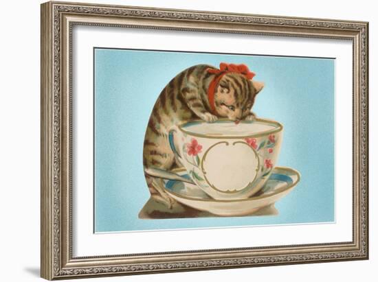 Kitten Drinking Out of Tea Cup-null-Framed Art Print