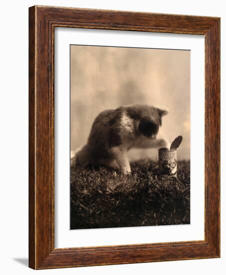 Kitten Playing with Canned Food-null-Framed Art Print