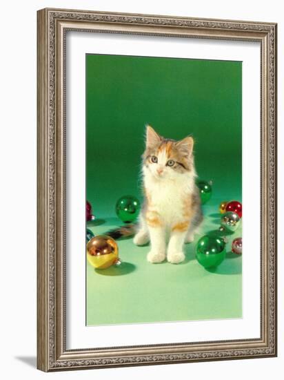 Kitten with Christmas Bulbs, Retro-null-Framed Art Print