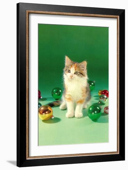 Kitten with Christmas Bulbs, Retro-null-Framed Art Print