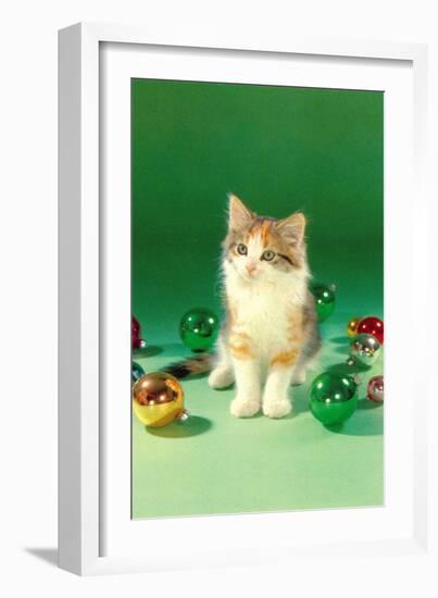 Kitten with Christmas Bulbs, Retro-null-Framed Art Print