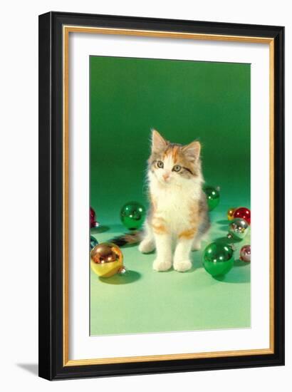 Kitten with Christmas Bulbs, Retro-null-Framed Art Print