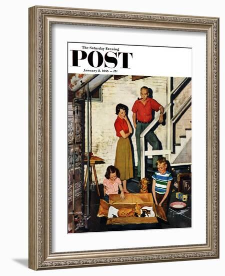 "Kittens in the Basement" Saturday Evening Post Cover, January 8, 1955-John Falter-Framed Giclee Print