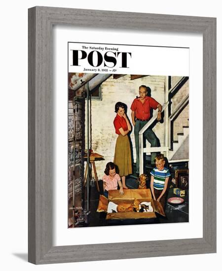 "Kittens in the Basement" Saturday Evening Post Cover, January 8, 1955-John Falter-Framed Giclee Print