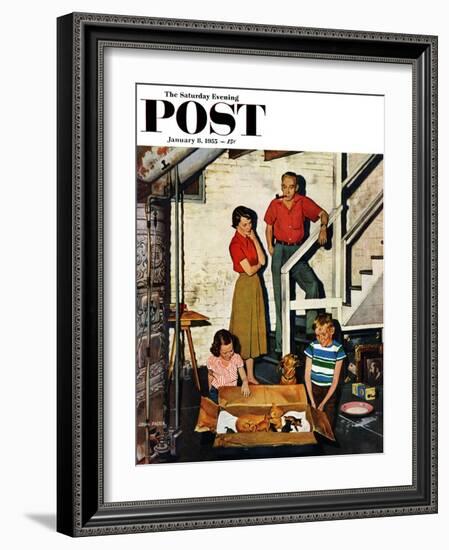 "Kittens in the Basement" Saturday Evening Post Cover, January 8, 1955-John Falter-Framed Giclee Print