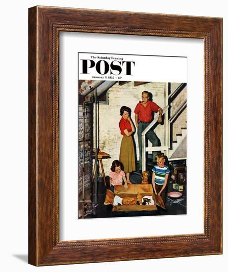 "Kittens in the Basement" Saturday Evening Post Cover, January 8, 1955-John Falter-Framed Giclee Print