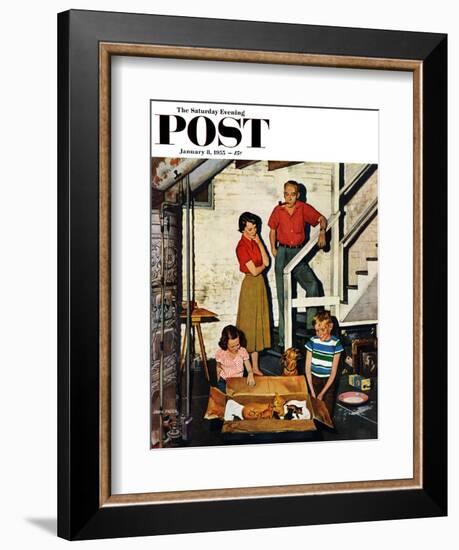 "Kittens in the Basement" Saturday Evening Post Cover, January 8, 1955-John Falter-Framed Giclee Print