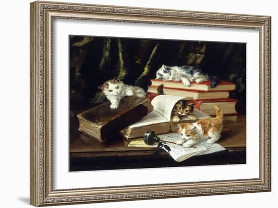 Kittens Playing on Desk, (Oil on Canvas)-Alfred Brunel De Neuville-Framed Giclee Print