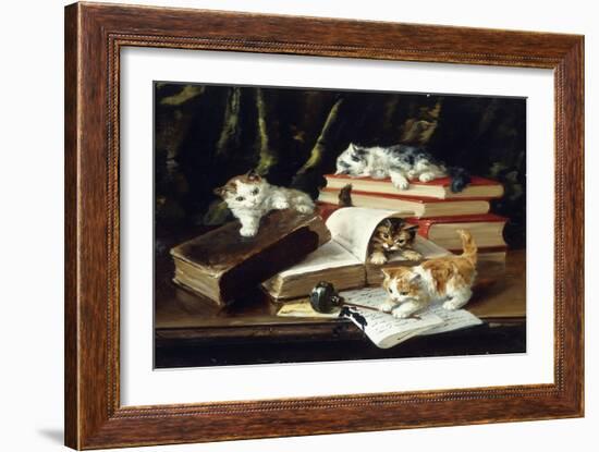 Kittens Playing on Desk, (Oil on Canvas)-Alfred Brunel De Neuville-Framed Giclee Print