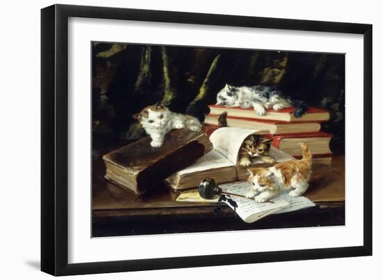 Kittens Playing on Desk, (Oil on Canvas)-Alfred Brunel De Neuville-Framed Giclee Print