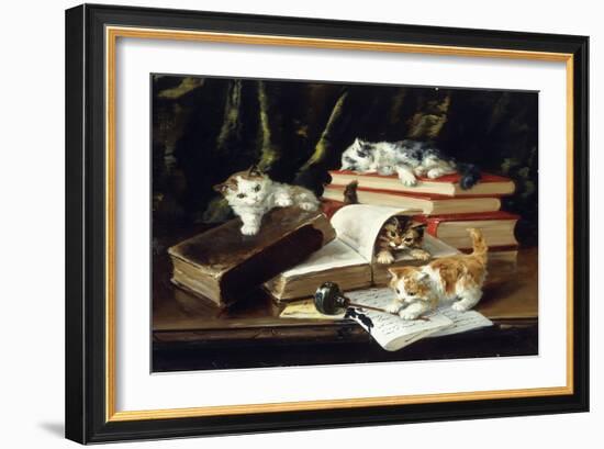 Kittens Playing on Desk, (Oil on Canvas)-Alfred Brunel De Neuville-Framed Giclee Print