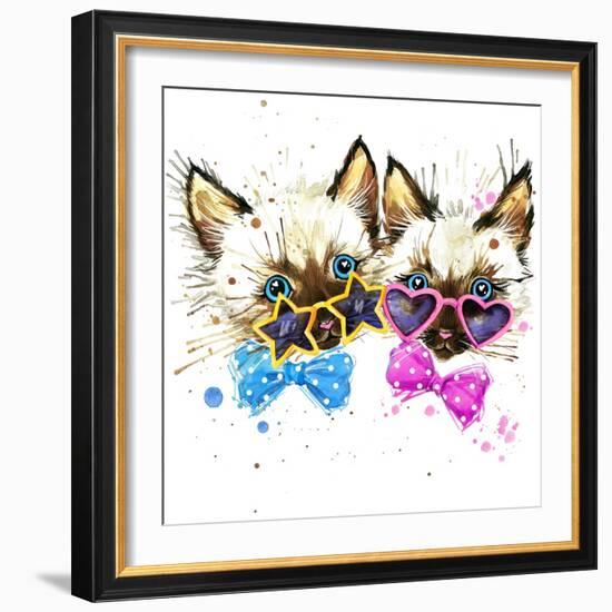 Kittens Twins T-Shirt Graphics. Kittens Twins Illustration with Splash Watercolor Textured Backgro-Dabrynina Alena-Framed Art Print