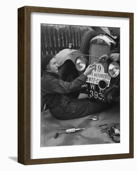 Kitty Brunell working on her Singer Junior, Monte Carlo Rally, 1928-Bill Brunell-Framed Photographic Print