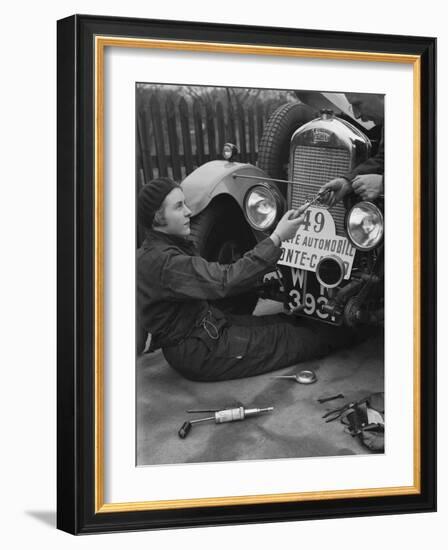 Kitty Brunell working on her Singer Junior, Monte Carlo Rally, 1928-Bill Brunell-Framed Photographic Print