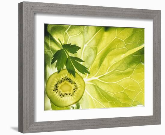 Kiwi Slice and Sprig of Parsley on a Lettuce Leaf-Peter Rees-Framed Photographic Print