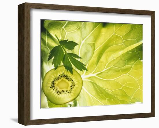 Kiwi Slice and Sprig of Parsley on a Lettuce Leaf-Peter Rees-Framed Photographic Print