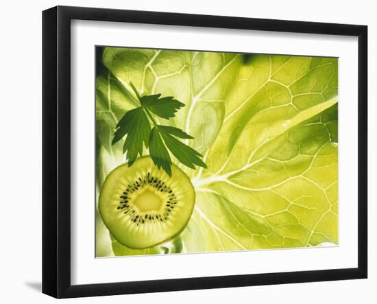 Kiwi Slice and Sprig of Parsley on a Lettuce Leaf-Peter Rees-Framed Photographic Print