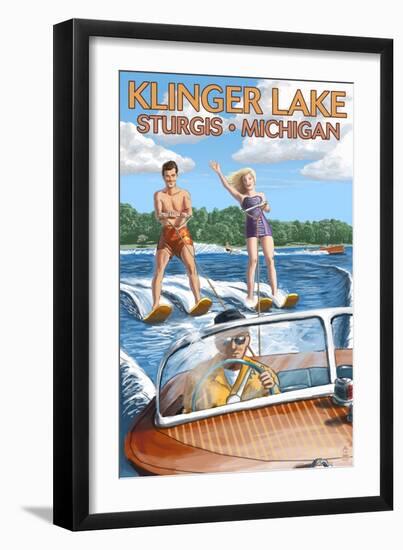 Klinger Lake - Sturgis, Michigan - Water Skiing and Wooden Boat-Lantern Press-Framed Art Print