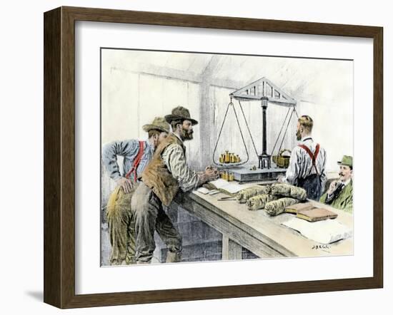 Klondike Miners Weighing Their Gold in a Dawson City Bank, c.1898-null-Framed Giclee Print