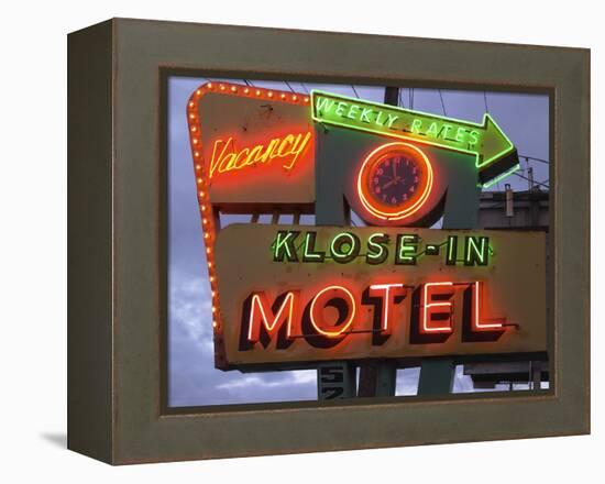 Klose-In Motel Sign Lights as Night Falls, Seattle, Washington, USA-Nancy & Steve Ross-Framed Premier Image Canvas