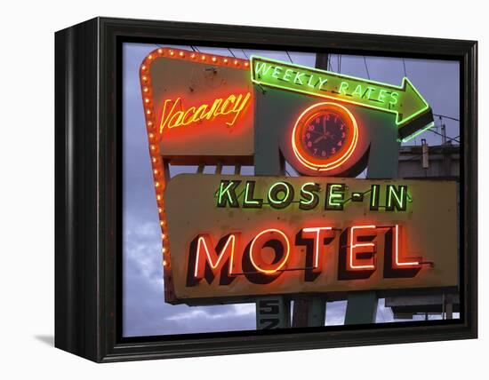 Klose-In Motel Sign Lights as Night Falls, Seattle, Washington, USA-Nancy & Steve Ross-Framed Premier Image Canvas