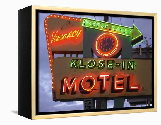 Klose-In Motel Sign Lights as Night Falls, Seattle, Washington, USA-Nancy & Steve Ross-Framed Premier Image Canvas