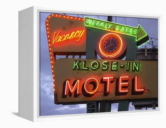 Klose-In Motel Sign Lights as Night Falls, Seattle, Washington, USA-Nancy & Steve Ross-Framed Premier Image Canvas