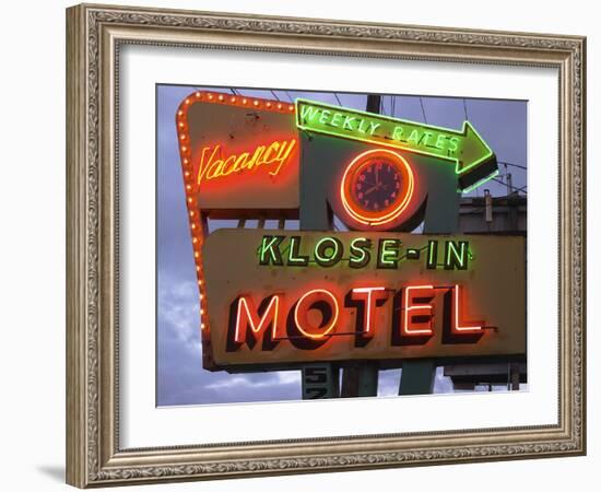 Klose-In Motel Sign Lights as Night Falls, Seattle, Washington, USA-Nancy & Steve Ross-Framed Photographic Print