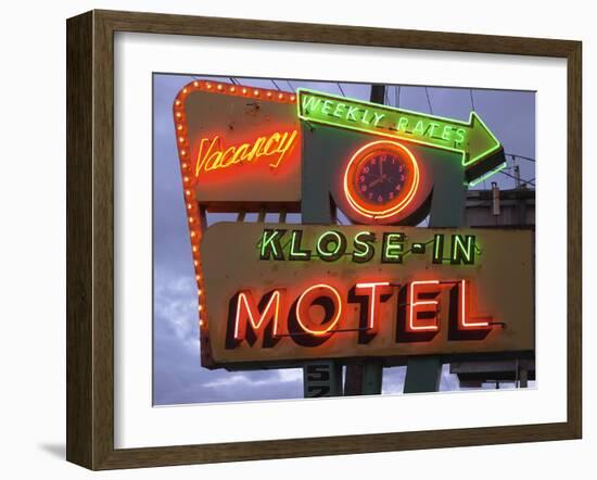 Klose-In Motel Sign Lights as Night Falls, Seattle, Washington, USA-Nancy & Steve Ross-Framed Photographic Print