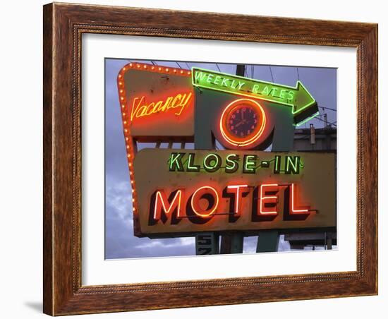 Klose-In Motel Sign Lights as Night Falls, Seattle, Washington, USA-Nancy & Steve Ross-Framed Photographic Print