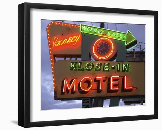 Klose-In Motel Sign Lights as Night Falls, Seattle, Washington, USA-Nancy & Steve Ross-Framed Photographic Print