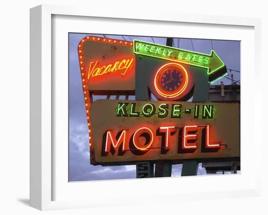 Klose-In Motel Sign Lights as Night Falls, Seattle, Washington, USA-Nancy & Steve Ross-Framed Photographic Print