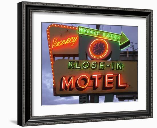 Klose-In Motel Sign Lights as Night Falls, Seattle, Washington, USA-Nancy & Steve Ross-Framed Photographic Print