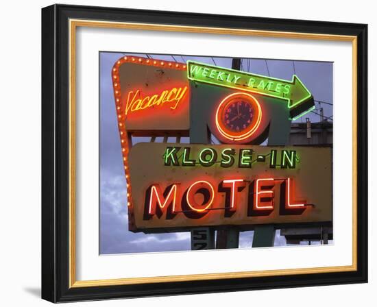 Klose-In Motel Sign Lights as Night Falls, Seattle, Washington, USA-Nancy & Steve Ross-Framed Photographic Print