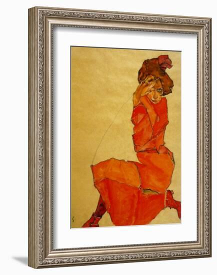 Kneeling Female in Orange Dress, c.1910-Egon Schiele-Framed Art Print