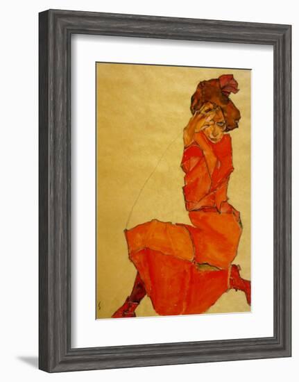 Kneeling Female in Orange Dress, c.1910-Egon Schiele-Framed Art Print