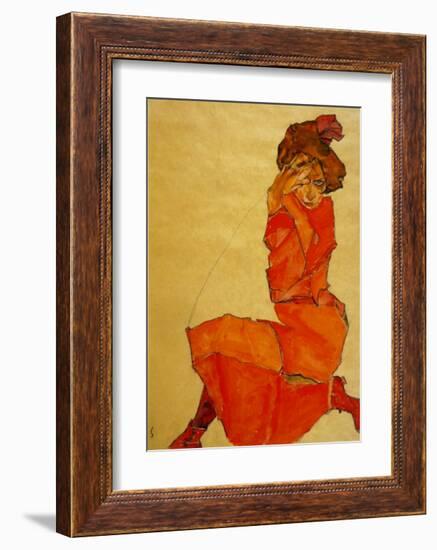 Kneeling Female in Orange Dress, c.1910-Egon Schiele-Framed Art Print