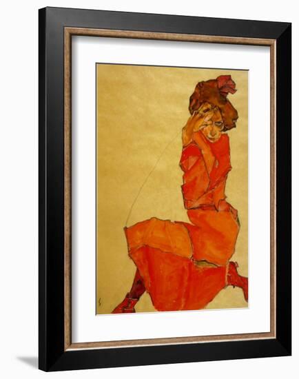 Kneeling Female in Orange Dress, c.1910-Egon Schiele-Framed Art Print