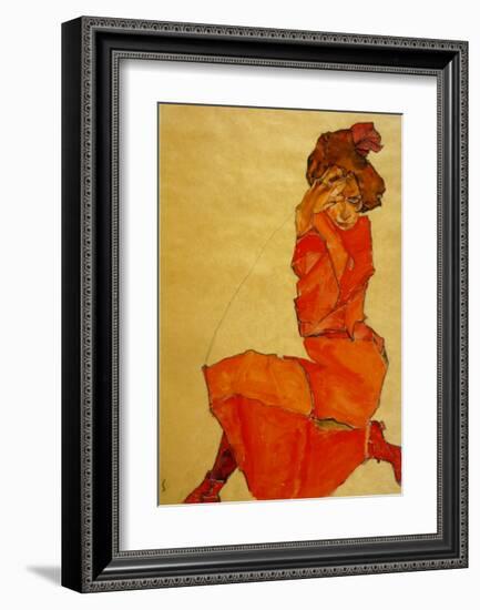 Kneeling Female in Orange Dress, c.1910-Egon Schiele-Framed Art Print