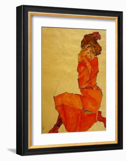 Kneeling Female in Orange Dress, c.1910-Egon Schiele-Framed Art Print