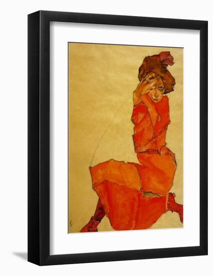 Kneeling Female in Orange Dress, c.1910-Egon Schiele-Framed Art Print