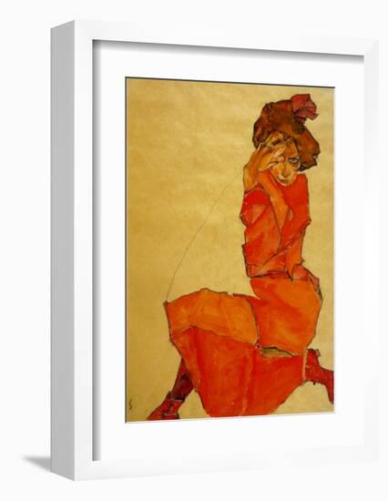 Kneeling Female in Orange Dress, c.1910-Egon Schiele-Framed Art Print