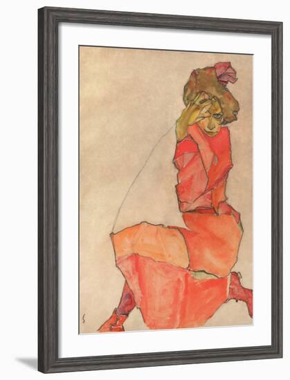 Kneeling Female in Orange-Red Dress, 1910-Egon Schiele-Framed Giclee Print