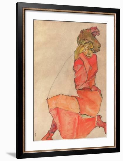 Kneeling Female in Orange-Red Dress, 1910-Egon Schiele-Framed Giclee Print