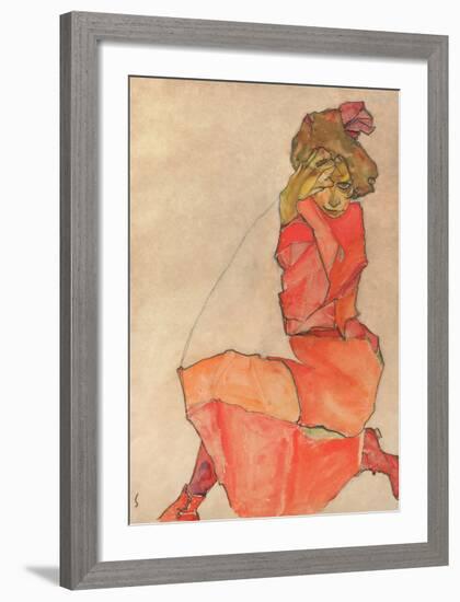 Kneeling Female in Orange-Red Dress, 1910-Egon Schiele-Framed Giclee Print