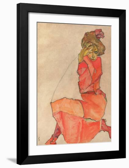 Kneeling Female in Orange-Red Dress, 1910-Egon Schiele-Framed Giclee Print